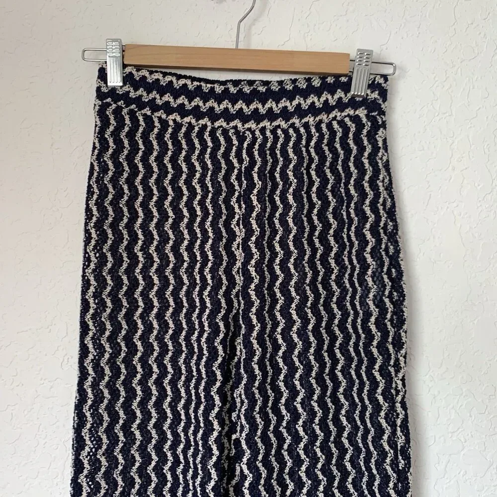 OYSHO Beach Pant XS Open Crochet Knit Navy Blue‎ Cream Stretch Sheer Flare Boho